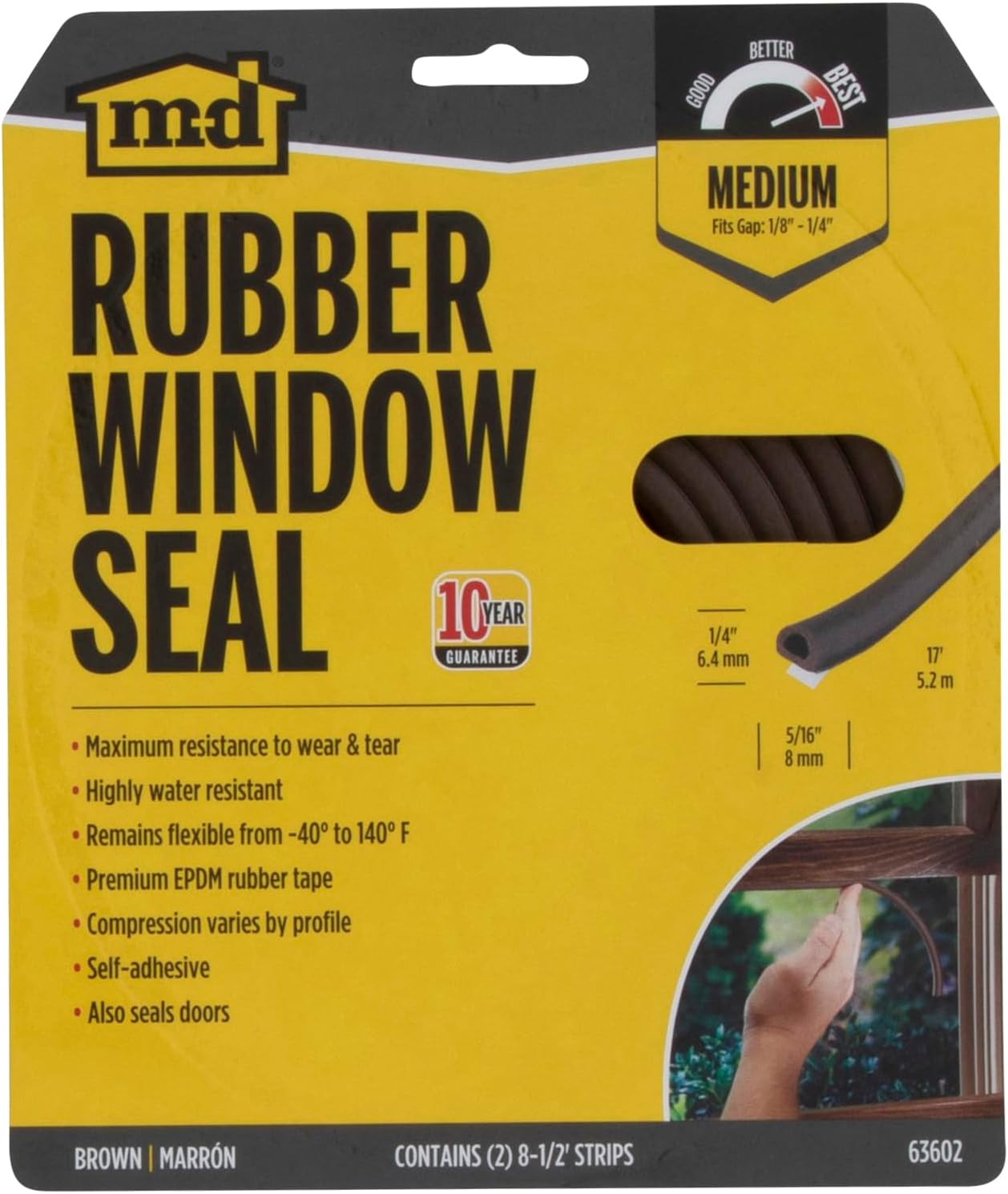 M-D Building Products 63602 1/4 in. x 5/16 in. x 17 ft. Brown Premium Rubber Window Seal for Medium Gaps