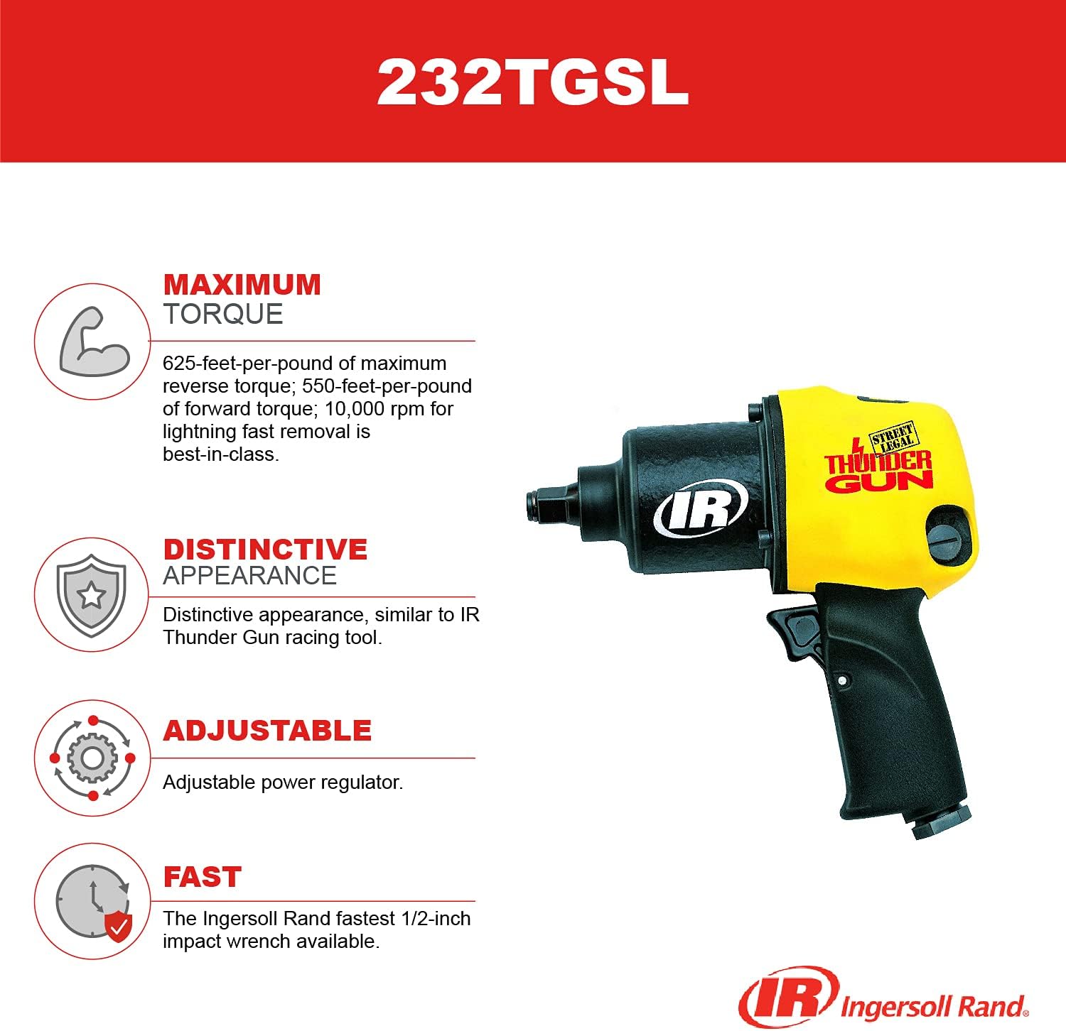 Ingersoll Rand 232TGSL 1 2 Thunder Gun Fastest Air Impact Wrench 625 ft lbs Max Reverse Torque 550 ft lbs Forward Torque 10 000 RPM Adjustable