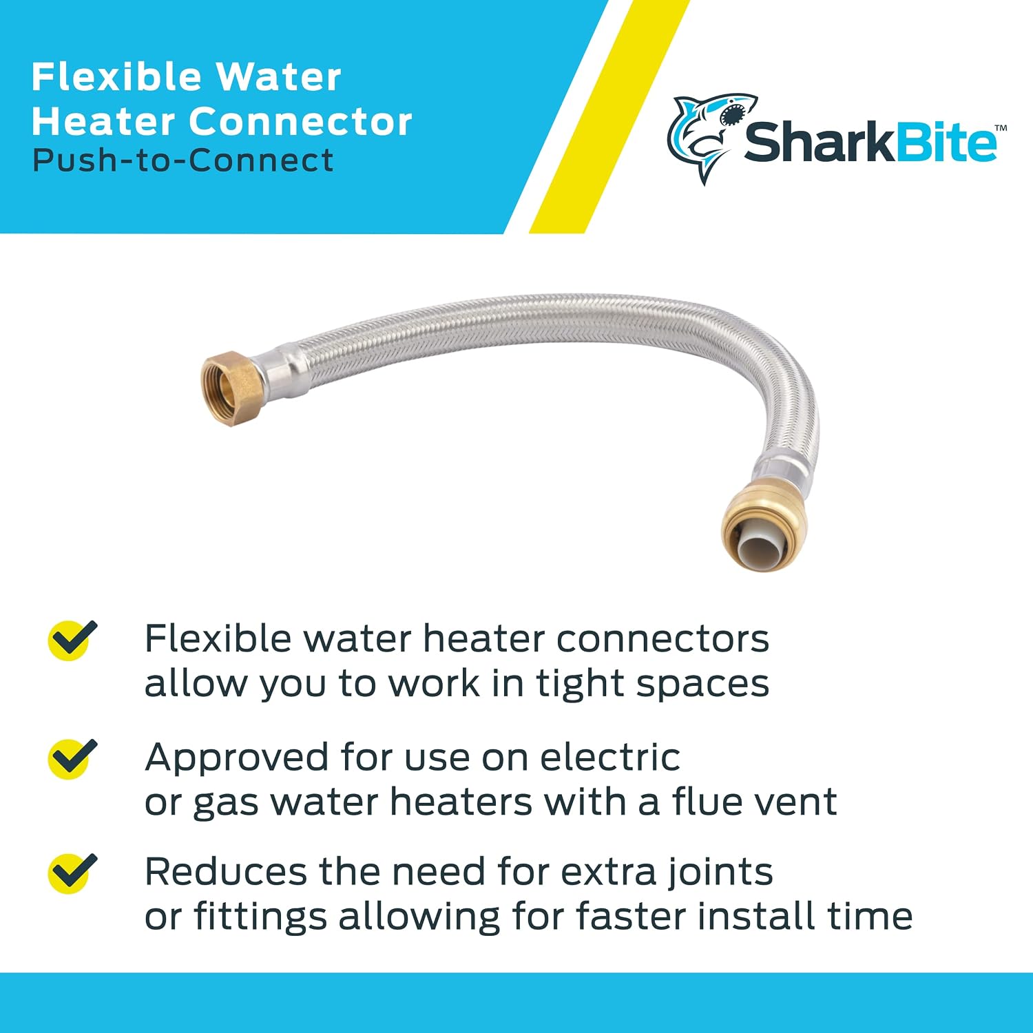 SharkBite 3/4 Inch x 3/4 Inch FIP x 18 Inch Stainless Steel Braided Flexible Water Heater Connector, Push To Connect Brass Plumbing Fitting, PEX Pipe, Copper, CPVC, PE-RT, HDPE, U3088FLEX18LF