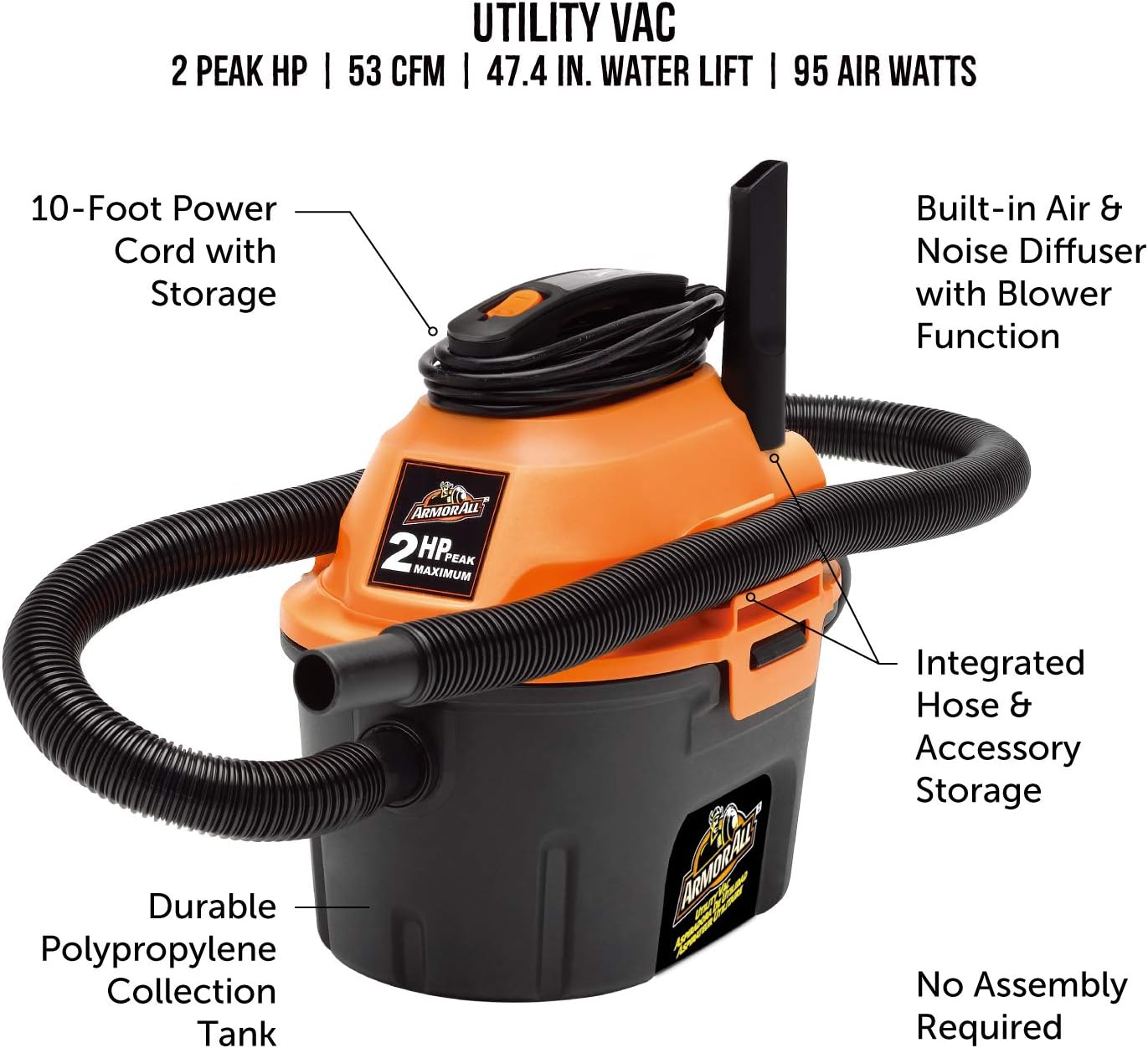 Armour All 2.5Gal 2peakHP Portable Wet & Dry Vac Lightweight & Portable -- AA255