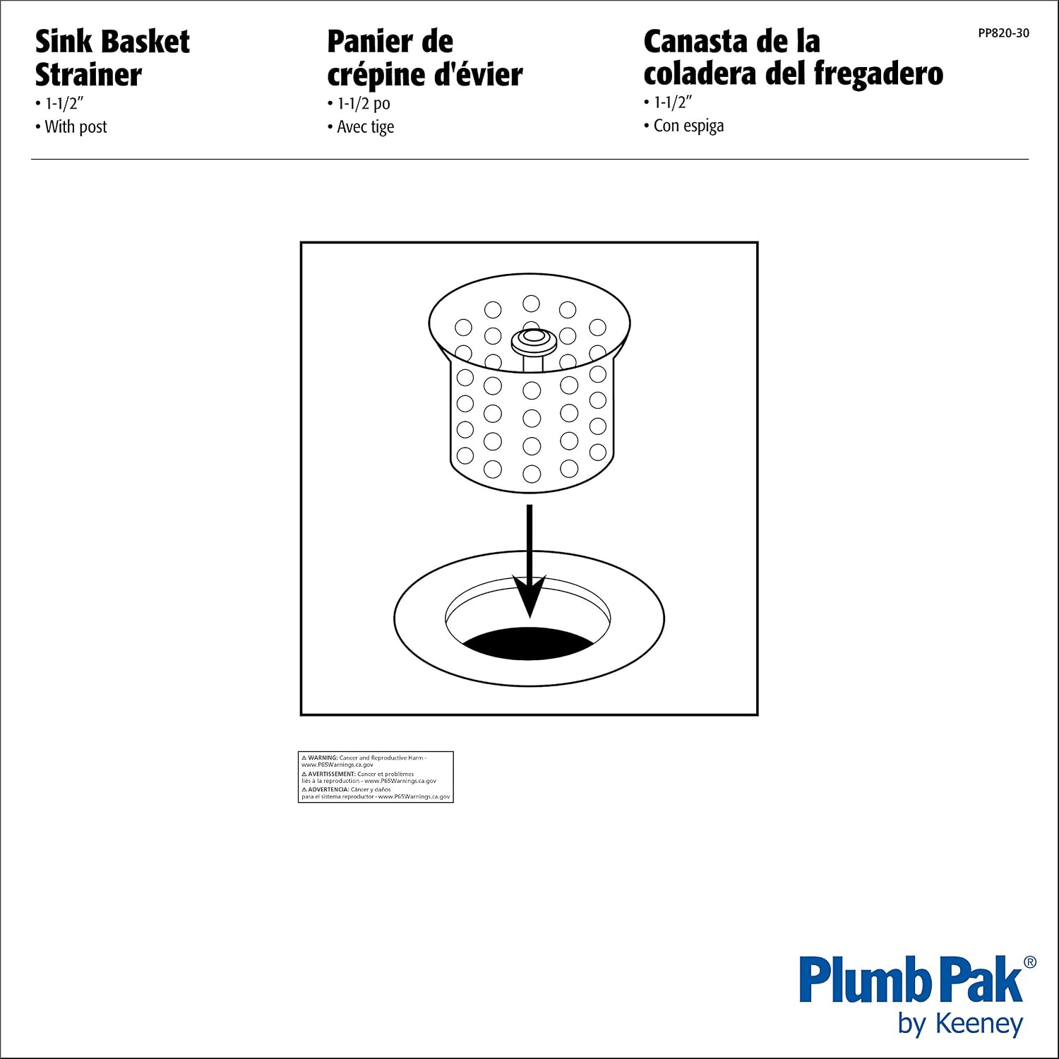 Plumb Pak PP820-30 PlumPak Sink Basket Strainer, Chrome