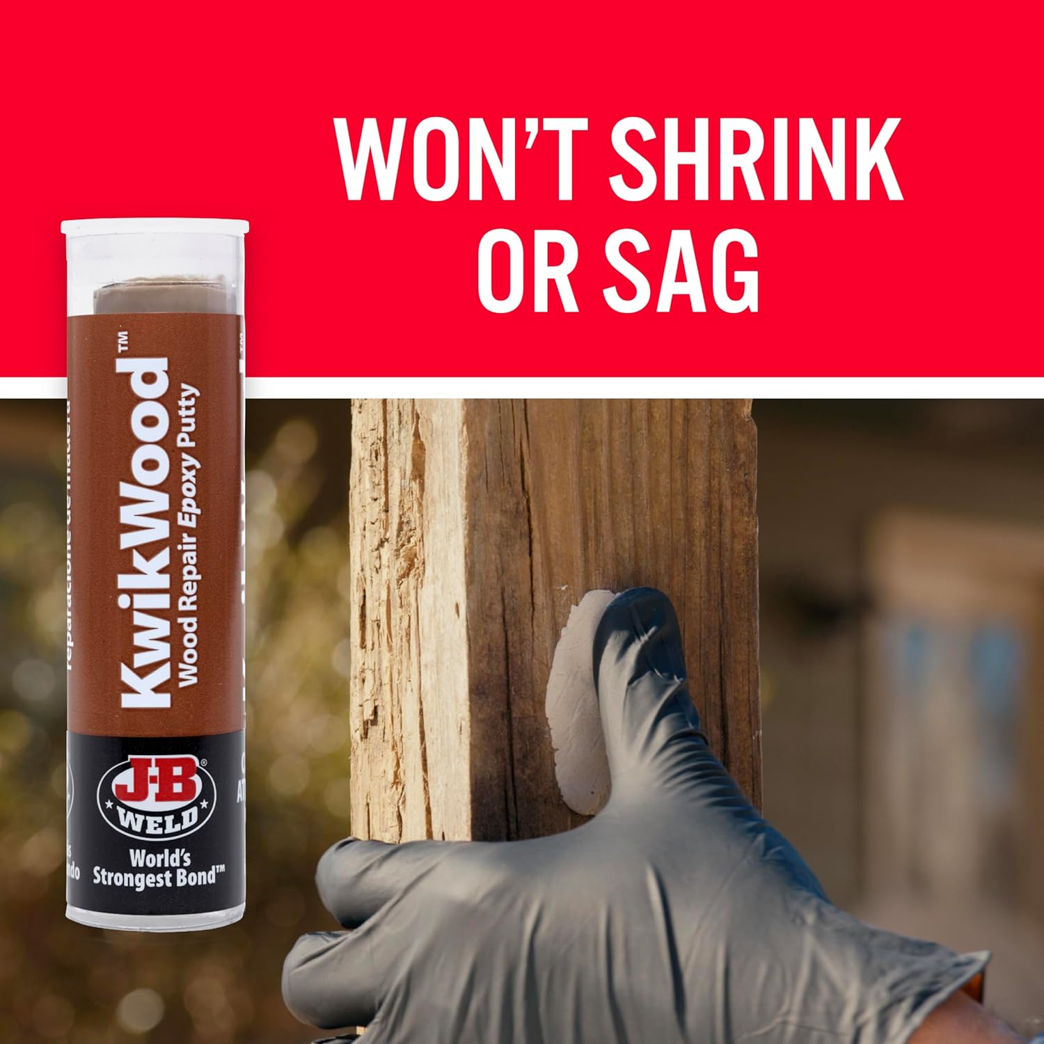 Click to see full view  Ask Rufus  Can it be painted?   Does it work on outdoor furniture?   Is it heat resistant?   Ask something else J-B Weld Tan KwikWood Wood Repair Epoxy Putty, 1 oz. Stick