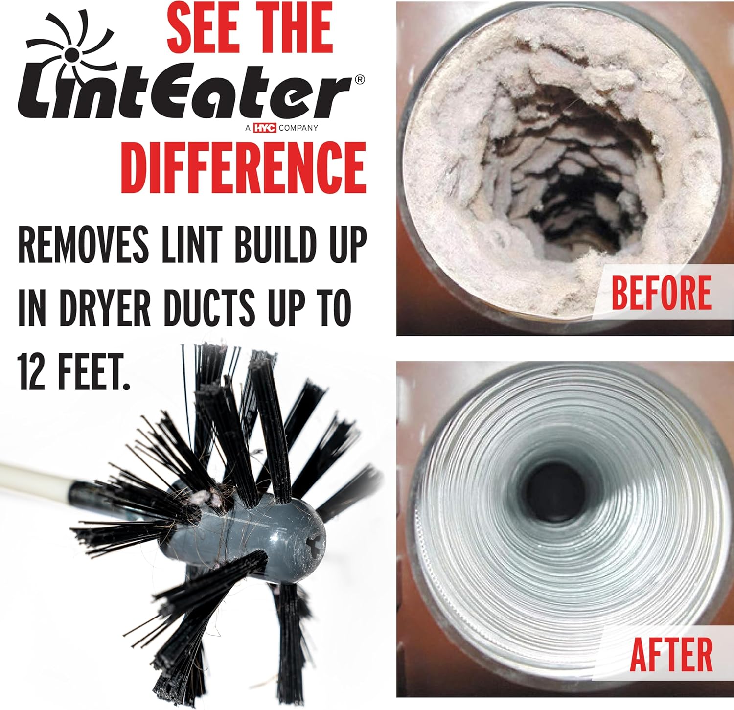 Linteater Dryer Vent Duct Cleaning Kit - Gardus RLE202 Rotary Dryer Vent Cleaner Kit, Removes Lint, Dryer Vent Cleaning System Extends Up to 12’ with 4 Flexible 3' Rods, Air Duct Cleaning Tools