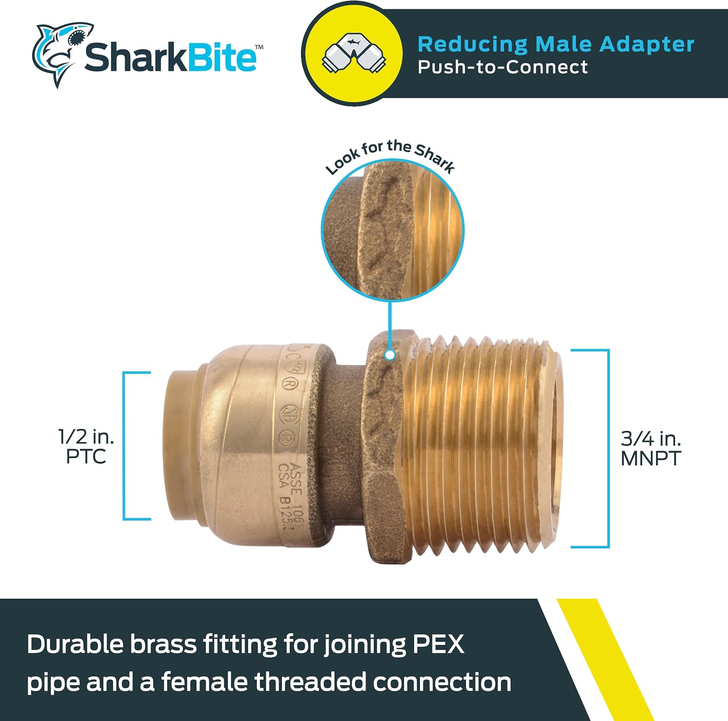 SharkBite 1/2 Inch x 3/4 Inch MNPT Reducing Adapter, Push to Connect Brass Plumbing Fitting, PEX Pipe, Copper, CPVC, PE-RT, HDPE, U116LFA