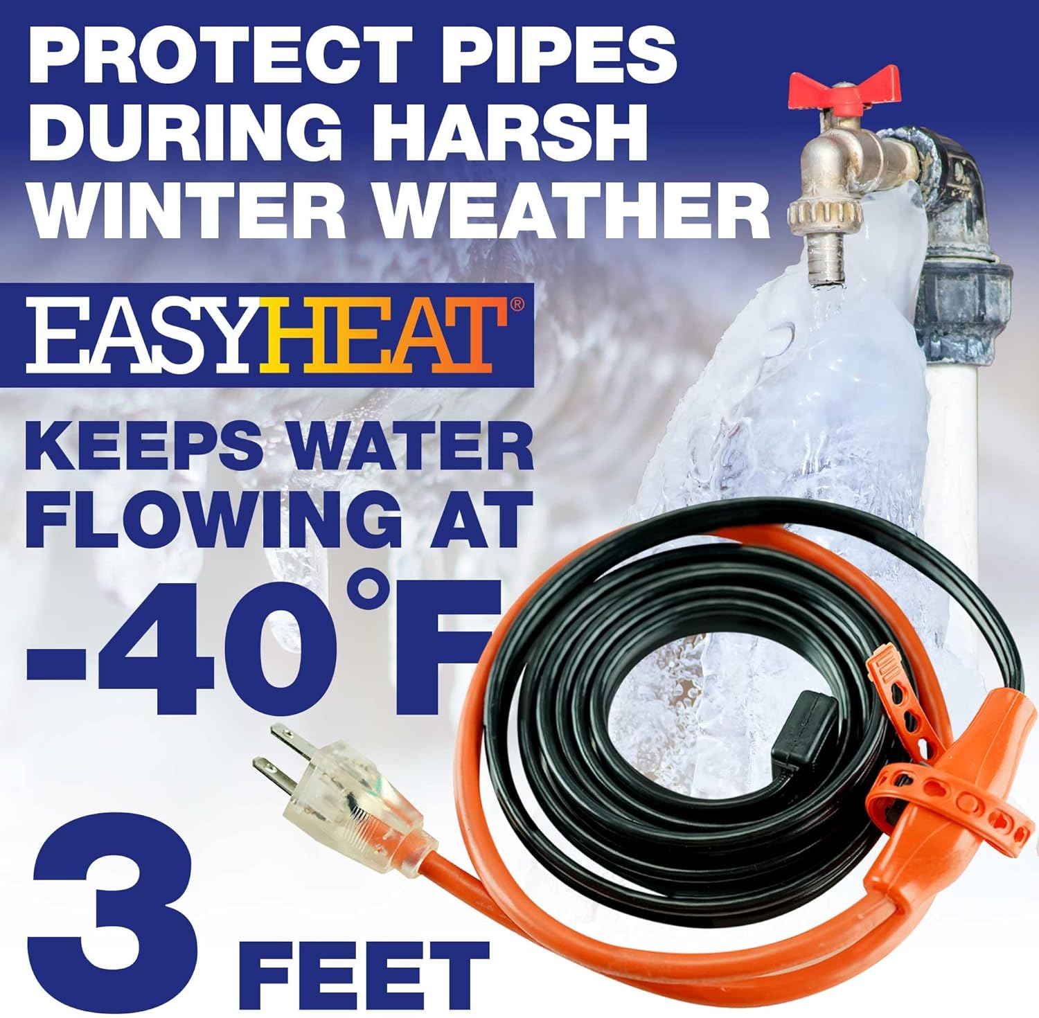 EasyHeat 3' Pipe Heating Cable, Prevent Pipe Freeze, Easy to Use, 7 Watt per foot, 21 Watts
