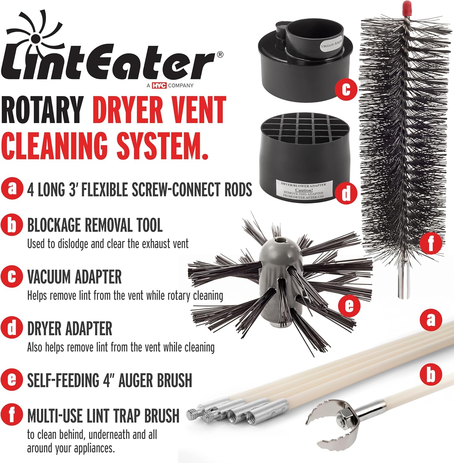 Linteater Dryer Vent Duct Cleaning Kit - Gardus RLE202 Rotary Dryer Vent Cleaner Kit, Removes Lint, Dryer Vent Cleaning System Extends Up to 12’ with 4 Flexible 3' Rods, Air Duct Cleaning Tools