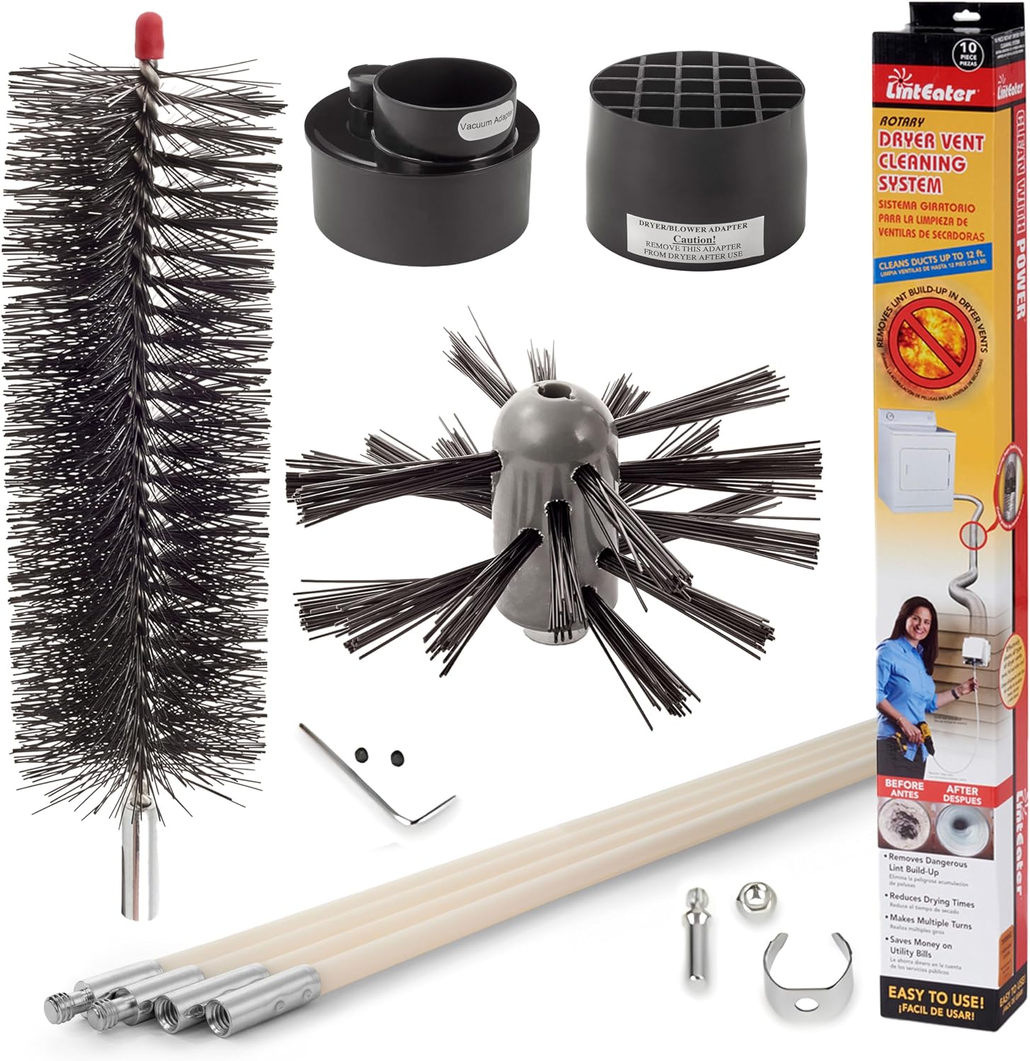 Linteater Dryer Vent Duct Cleaning Kit - Gardus RLE202 Rotary Dryer Vent Cleaner Kit, Removes Lint, Dryer Vent Cleaning System Extends Up to 12’ with 4 Flexible 3' Rods, Air Duct Cleaning Tools