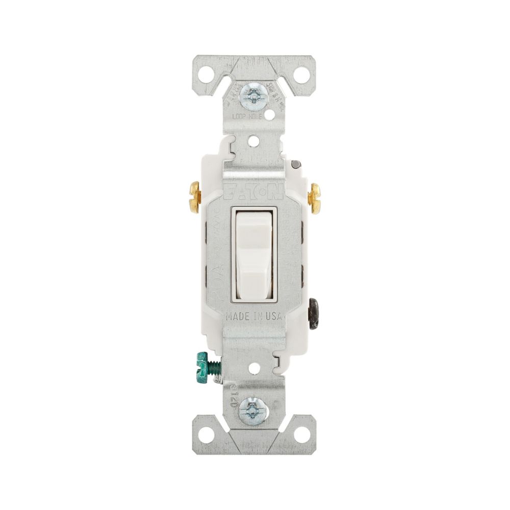 Eaton CS320W 20-Amp 120/277-volt Commercial Grade 3-Way Compact Toggle Switch with Side Wiring, White Finish