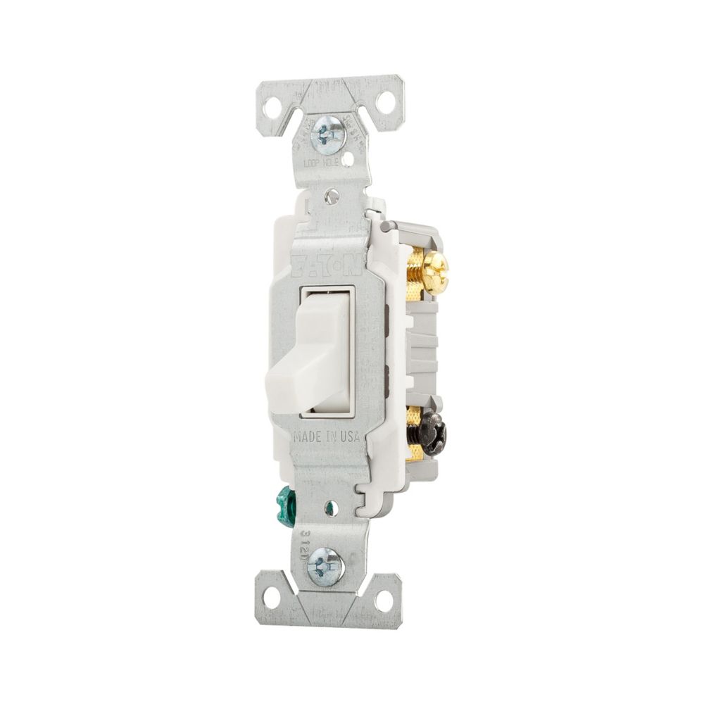 Eaton CS320W 20-Amp 120/277-volt Commercial Grade 3-Way Compact Toggle Switch with Side Wiring, White Finish
