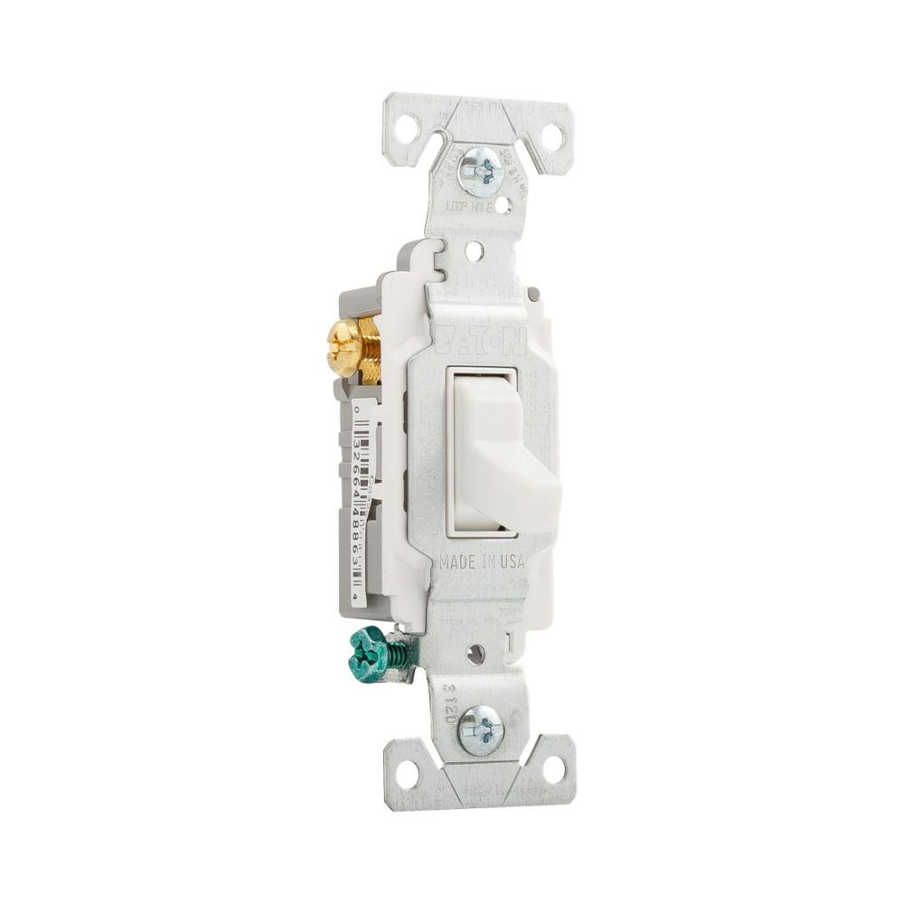 Eaton CS320W 20-Amp 120/277-volt Commercial Grade 3-Way Compact Toggle Switch with Side Wiring, White Finish