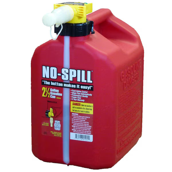 No-Spill Gas Can, Polyethylene, 2.5 gal, Gasoline, Red