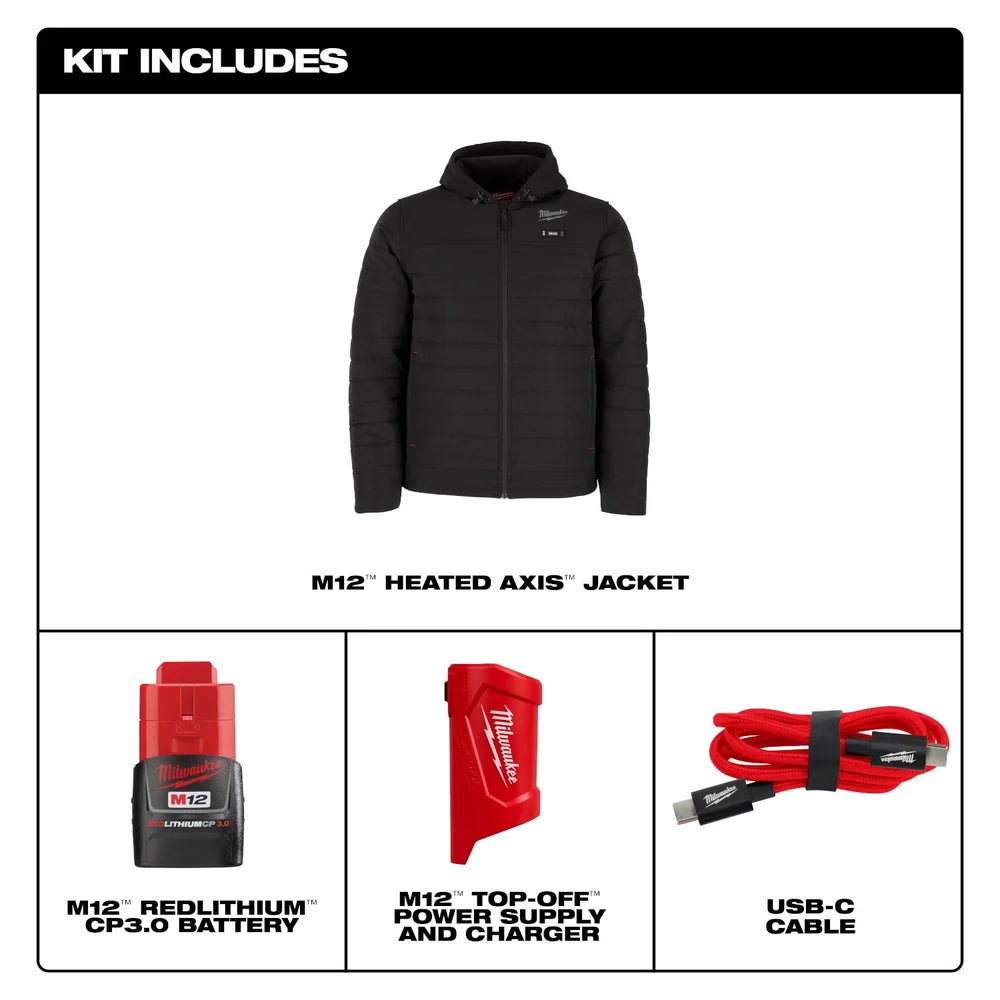 Milwaukee M12 Heated Black Axis Jacket with (1) 3.0 Ah Battery and Charger