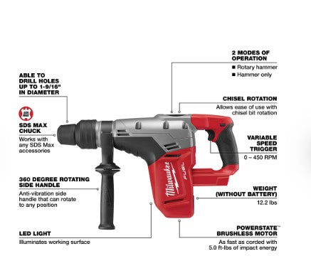 Milwaukee M18 FUEL™ 1-9/16" SDS Max Hammer Drill (Tool Only) 2717-20