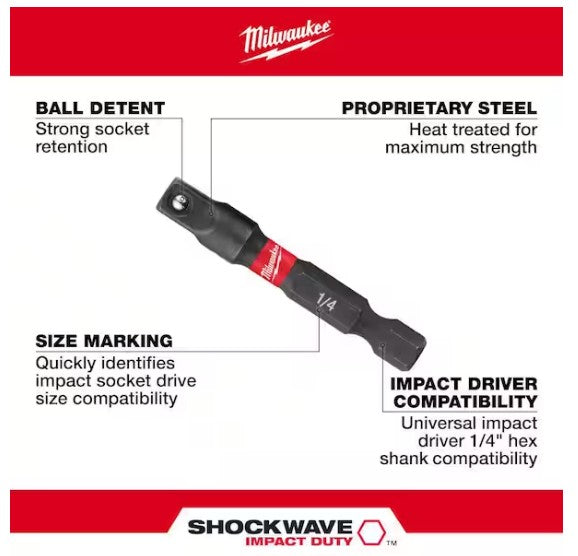 Milwaukee SHOCKWAVE Impact Duty 1/4 in. x 1/4 in. Alloy Steel Square Socket Adapter -- 48-32-5030
