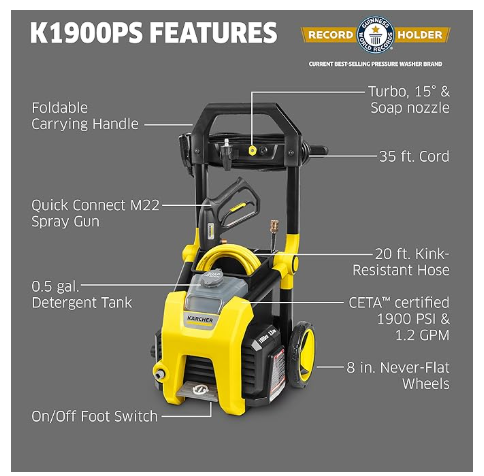 Kärcher Pressure Washer K1900PS, CETA Certified, 3 Spray Nozzles, Detergent Tank, for Cars, Driveways, Siding, Patios, 1.2 GPM