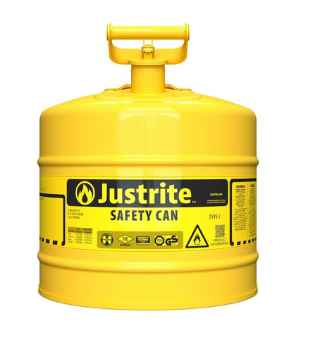 Justrite 5 Gallon Steel Safety Can for Diesel, Type I, Flame Arrester, Yellow - 7150200
