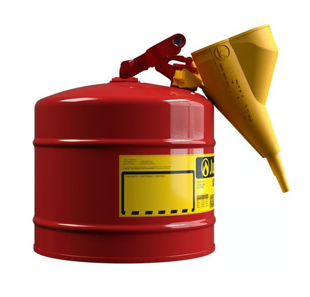 Justrite 5 Gallon Steel Safety Can for Flammables, Type I, Funnel, Flame Arrester, Red - 7150110