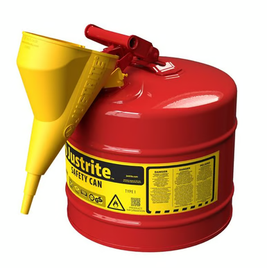 Justrite 5 Gallon Steel Safety Can for Flammables, Type I, Funnel, Flame Arrester, Red - 7150110