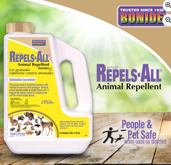 Bonide Repels-All Animal Repellent Granules, 3 lbs. Ready-to-Use Deer & Rabbit Repellent, Deter Pests from Lawn & Garden