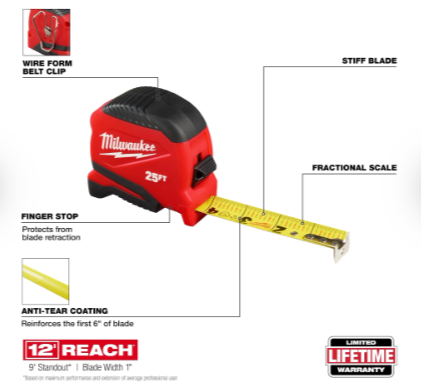 Milwaukee 25ft Compact Tape Measure -- 48-22-1725