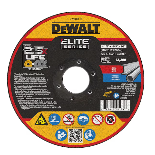 DeWalt Elite Series Wheel Cut 4-1/2 x 7/8" (up to 2.5x life) -- DWA8951F