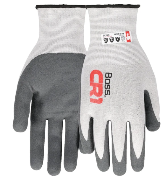 Boss CR1 B35014-XL Cut-Resistant Gloves, XL, Elastic Cuff, Nitrile Coating, Nylon/Spandex, Gray