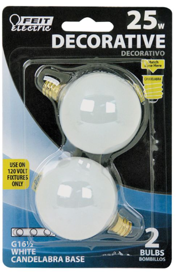Feit Electric BP25G161/2/W Incandescent Lamp, 25 W, G16-1/2 Lamp, Candelabra E12 Lamp Base, 2700 K Color Temp