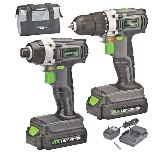 Genesis 2-Piece 20V Lithium-ion Battery-Powered Cordless Variable Speed Drill Driver and Impact Driver Kit