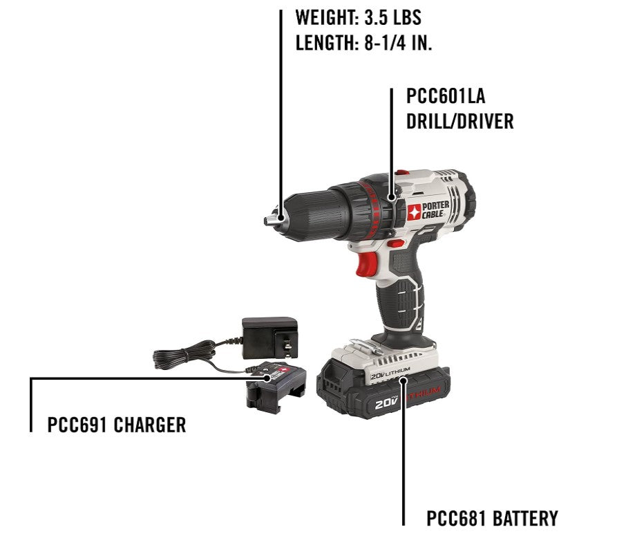 PORTER-CABLE 20V MAX* Cordless Drill/Driver Kit, 1/2-Inch (PCC601LA)