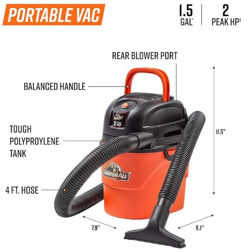 Armor All AA155 1.5-Gallon 2 Peak HP Portable Wet/Dry Shop Vac, Orange