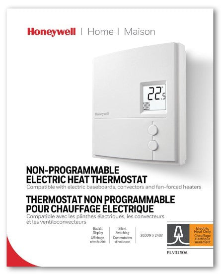 Honeywell Home RLV3150A Digital Line Volt Thermostat, Baseboard Non-Programmable