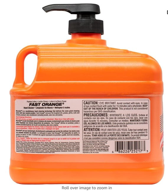 Fast Orange Permatex 25217 Pumice Lotion, Heavy Duty Hand Cleaner, Natural Citrus Scent, Waterless Cleaner For Mechanics, Strong Grease Fighter, 1/2 Gallon, Orange, 64 Fl Oz