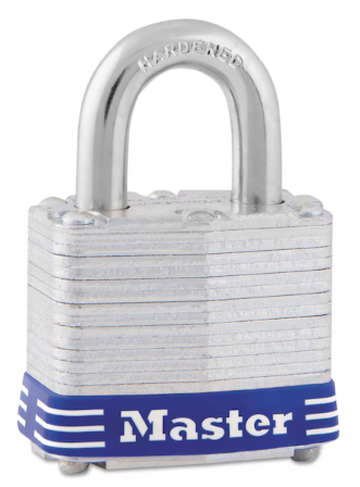 Master Lock Four-Pin Tumbler Lock, Laminated Steel Body, 1 9/16" Wide, Silver/Blue, Two Keys - 3D