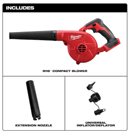 Milwaukee M18 Compact Hand held Blower, Bare Tool, 18V, 100 cfm Max Air Flow, 160 mph Max Air Speed - 0884-20