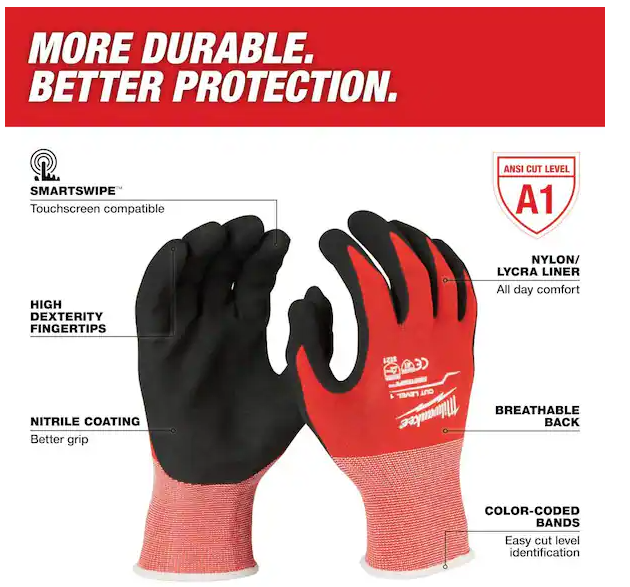 Milwaukee Cut Level 1 Nitrile Dipped Gloves Size: 8" / M -- 48-22-8901