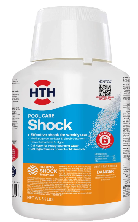 HTH 52034 Swimming Pool Care Shock, Swimming Pool Chlorinator Boosts Chlorine Levels, Cal Hypo Formula, 5.5lb