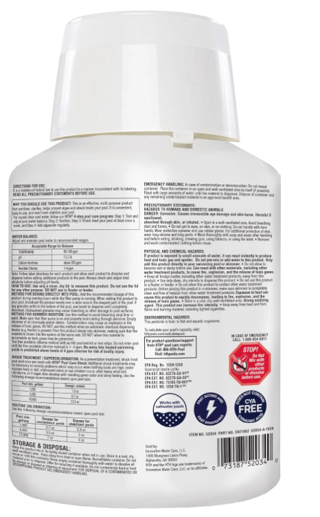 HTH 52034 Swimming Pool Care Shock, Swimming Pool Chlorinator Boosts Chlorine Levels, Cal Hypo Formula, 5.5lb