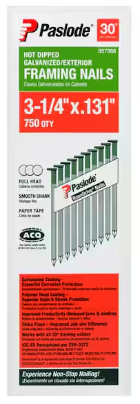 Paslode Framing Nails, 3 1/4 in L, 10 ga, Hot Dipped Galvanized, Offset Round Head, 30 Degrees
