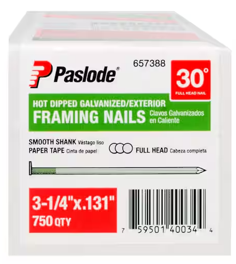Paslode Framing Nails, 3 1/4 in L, 10 ga, Hot Dipped Galvanized, Offset Round Head, 30 Degrees