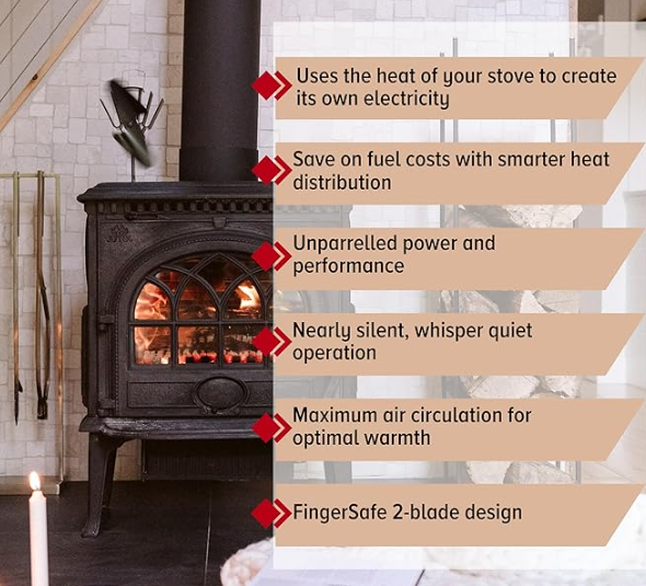 Ecofan Original Heat Powered Stove Fan - Powerful Classic Design, High Performance, Perfect for Wood Stoves, 100 CFM - Circulates Warm Air Efficiently & Reduces Fuel Cost