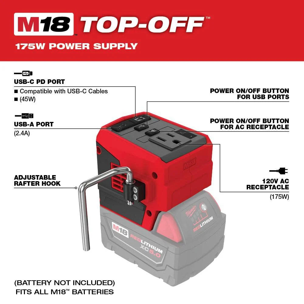 Milwaukee M18 TOP-OFF 175W Portable Power Supply Inverter -- 2846-20