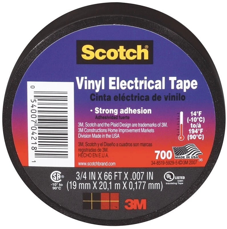 Scotch Vinyl Electrical Tape, Black, 3/4-in by 66-ft, 1-Roll (4218-BA-40)